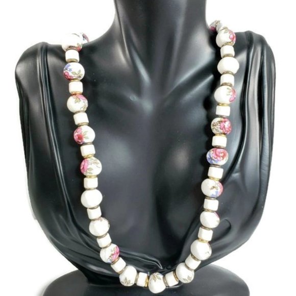 Vintage 60s Rose Flower Ceramic Necklace - Picture 2 of 8